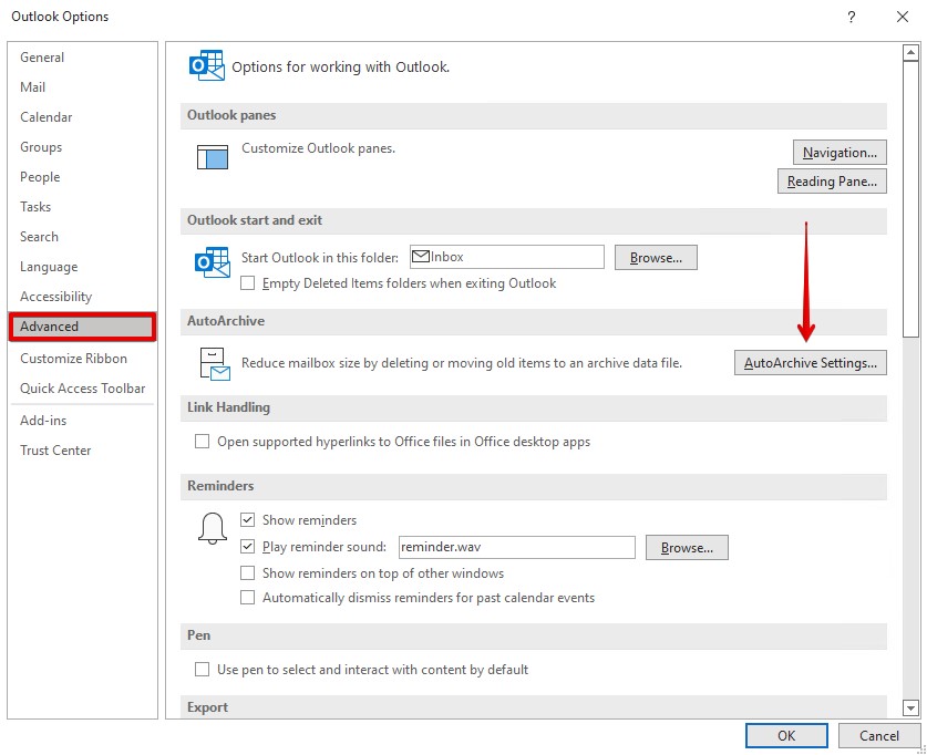 Modifying the AutoArchive settings.