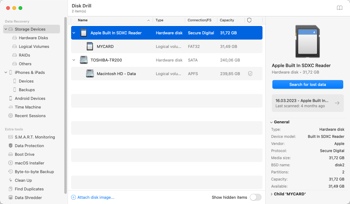 pagina principale di disk drill