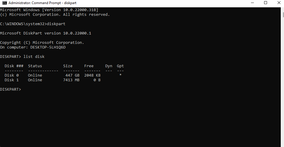 running the diskpart command in command prompt