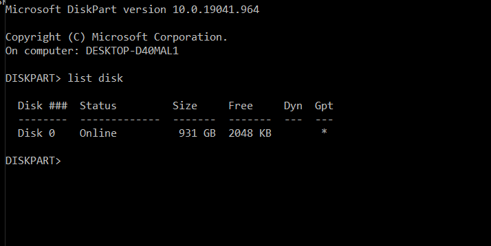 Windows diskpart list disk commando