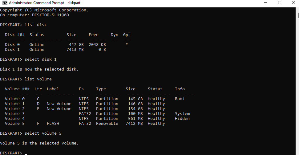 selecting volume using the diskpart command