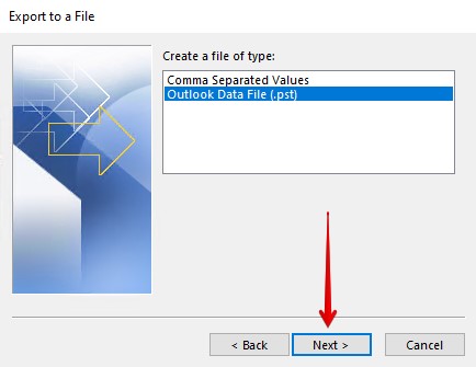 Choosing the export file type.