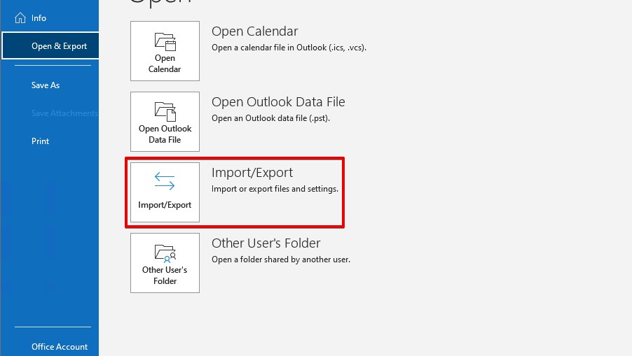 Accediendo a la configuración de Importar/Exportar.