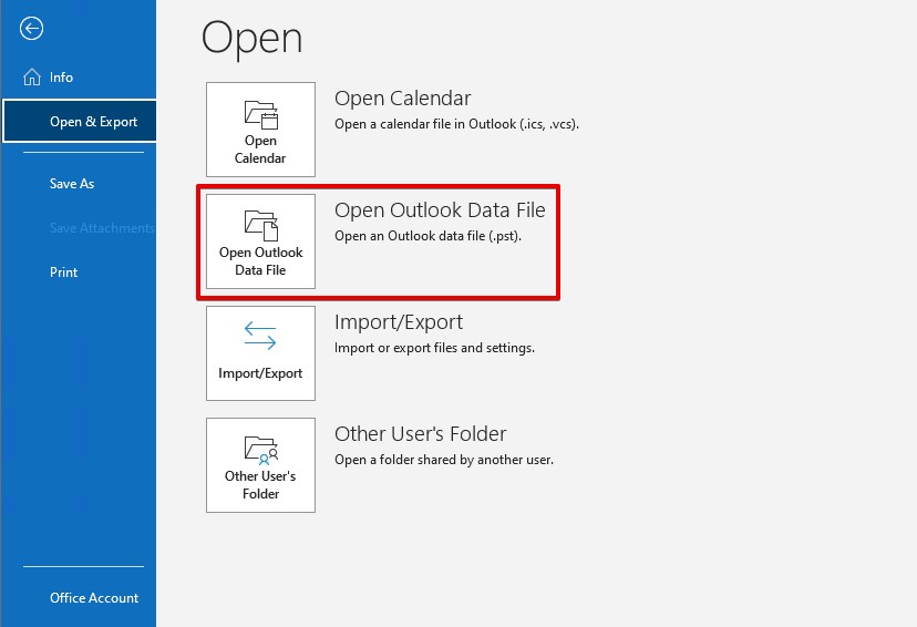 Apertura del File Dati di Outlook.