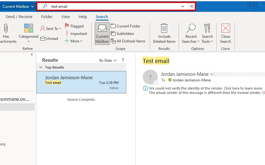 Verwendung der Suchfunktion in Outlook.