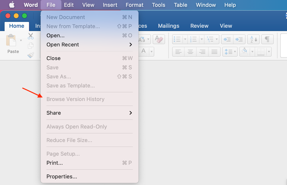 browse version history Microsoft Word Mac