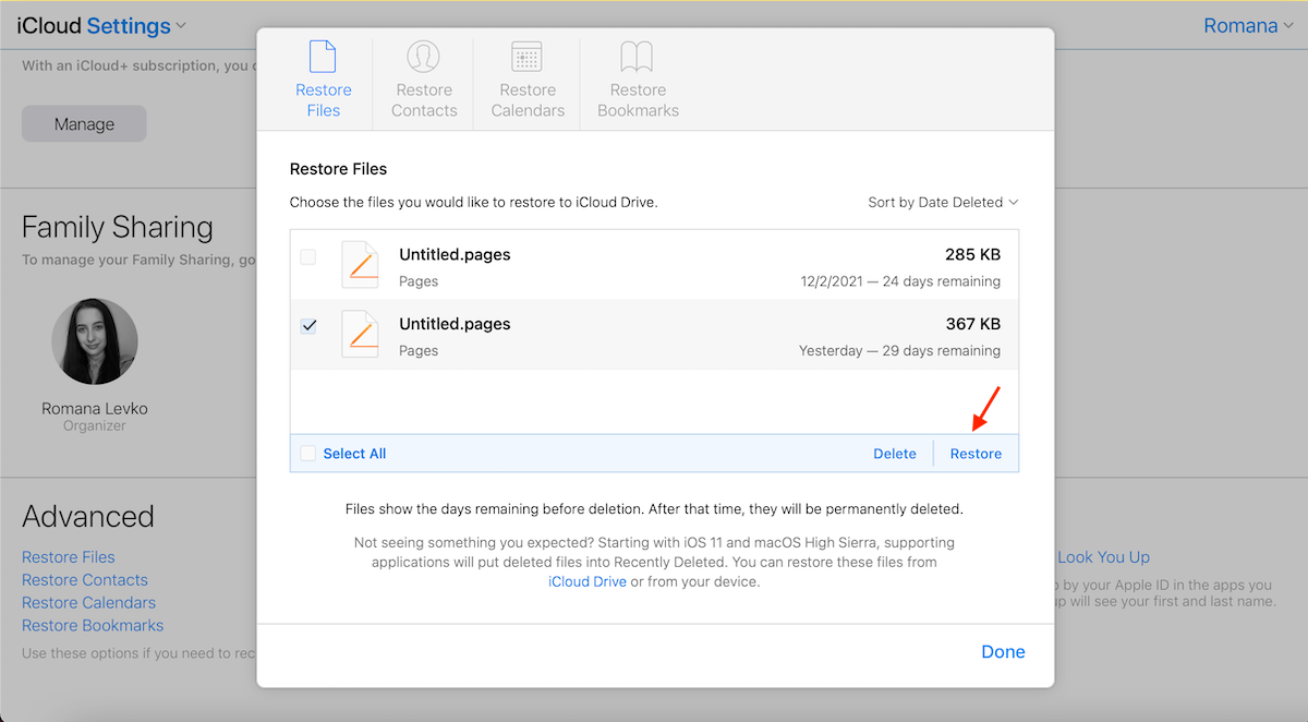 restore files in iCloud