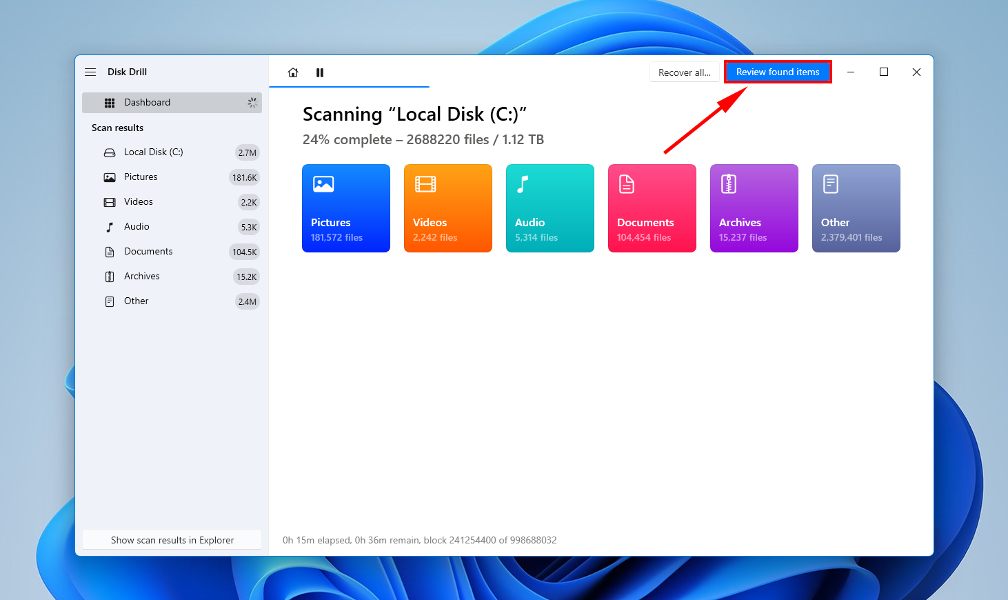 scanning process of disk drill