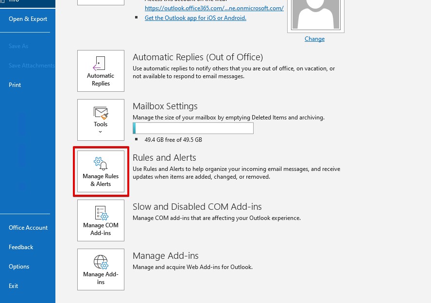 Clicking Manage Rules & Alerts.