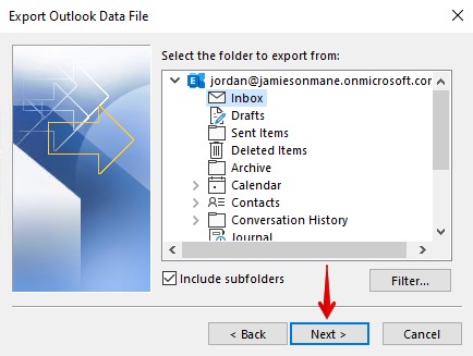 Selecting the inbox folder to backup.