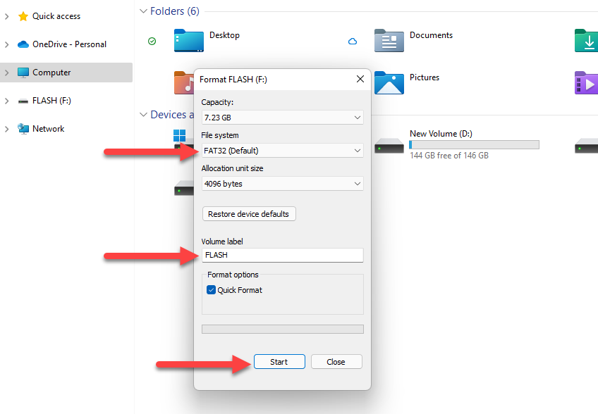 start the formatting process from windows explorer