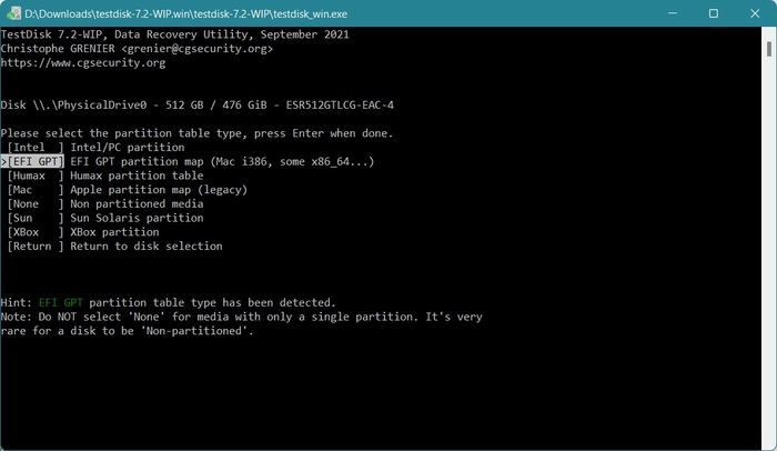 seleccionar tabla de partición testdisk