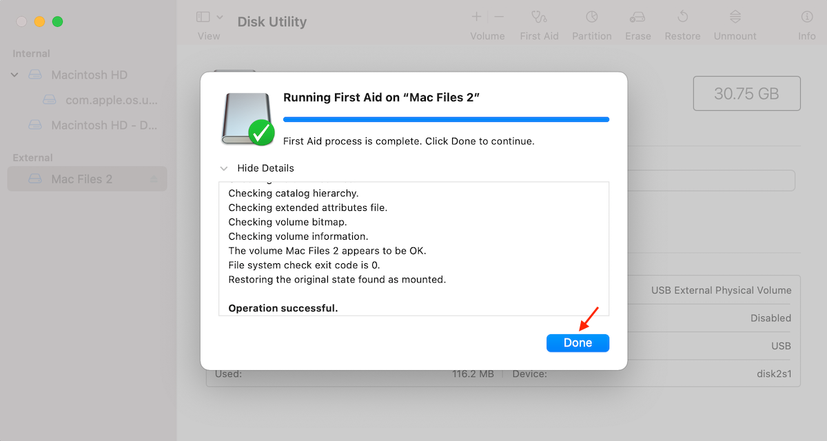 first aid process finished Mac USB Drive