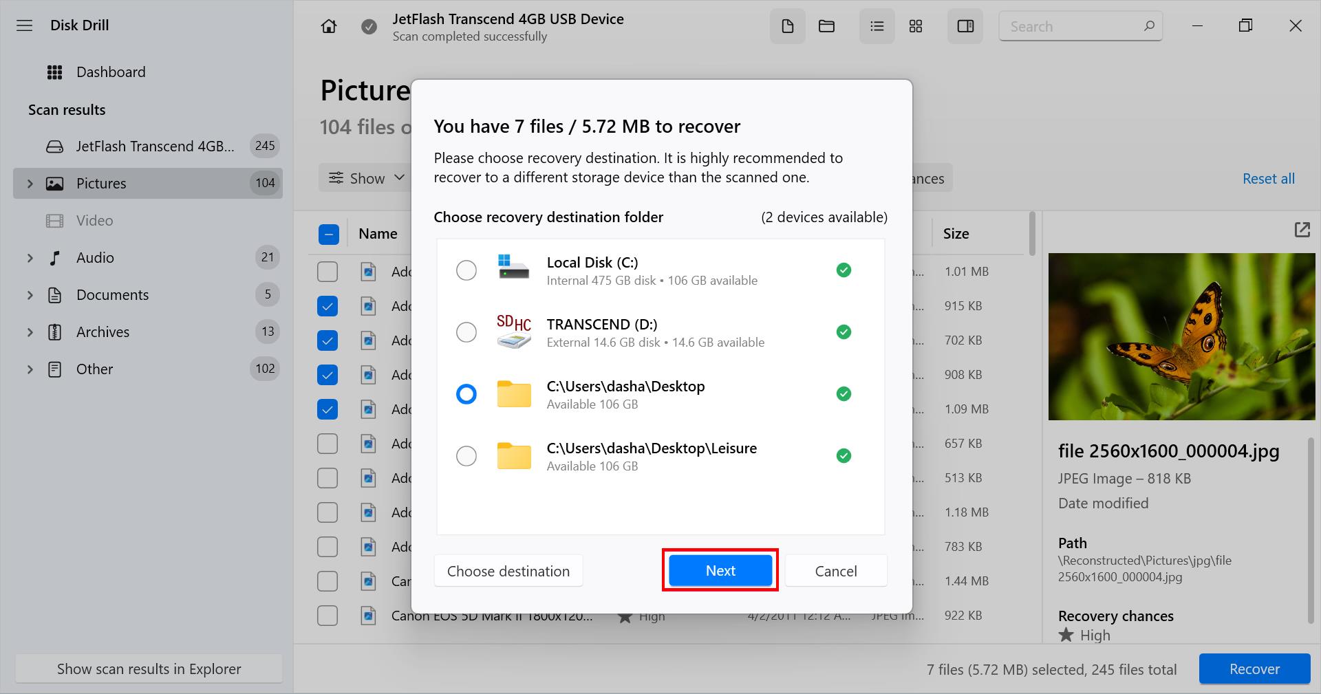 recover selected files to new destination