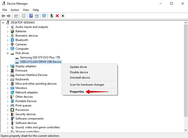 Accessing the USB properties.