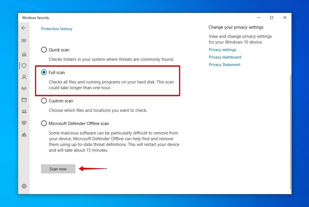 Running a full scan using Windows Security.