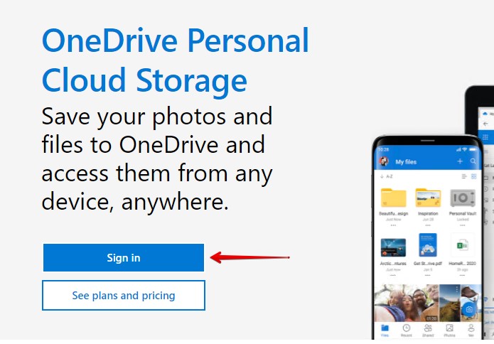 The OneDrive login screen.