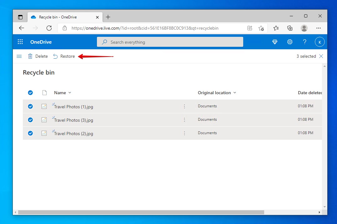 Restaurar elementos de la papelera de reciclaje de OneDrive.