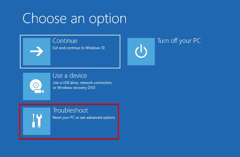 Accéder aux options de dépannage.