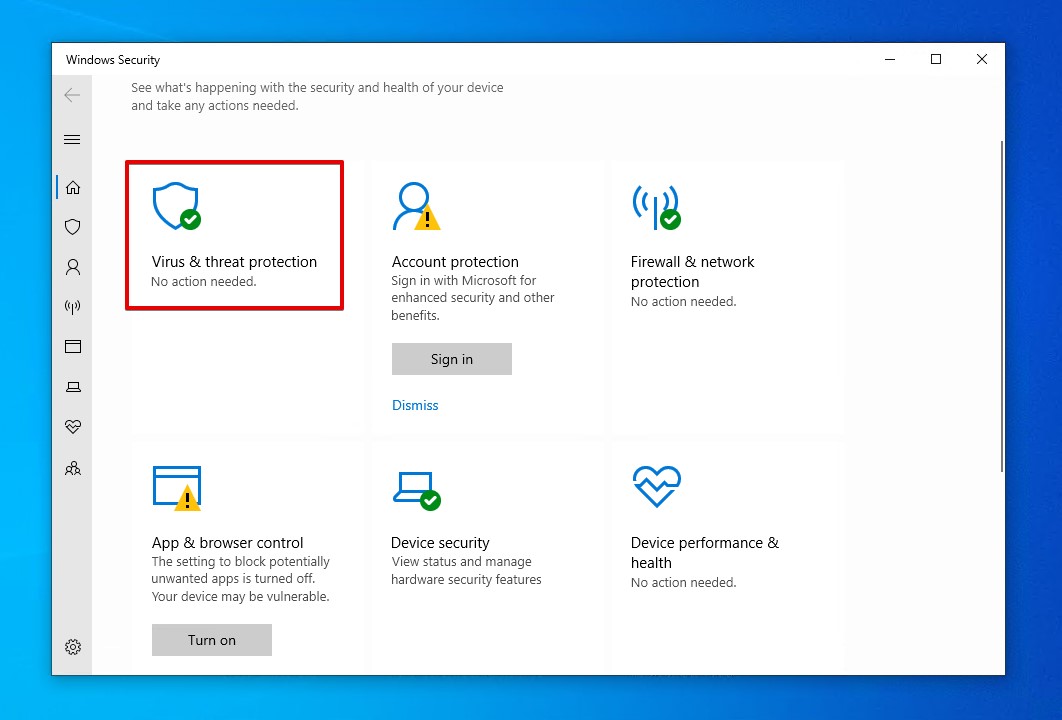 Selecting the Virus & Threat protection section.