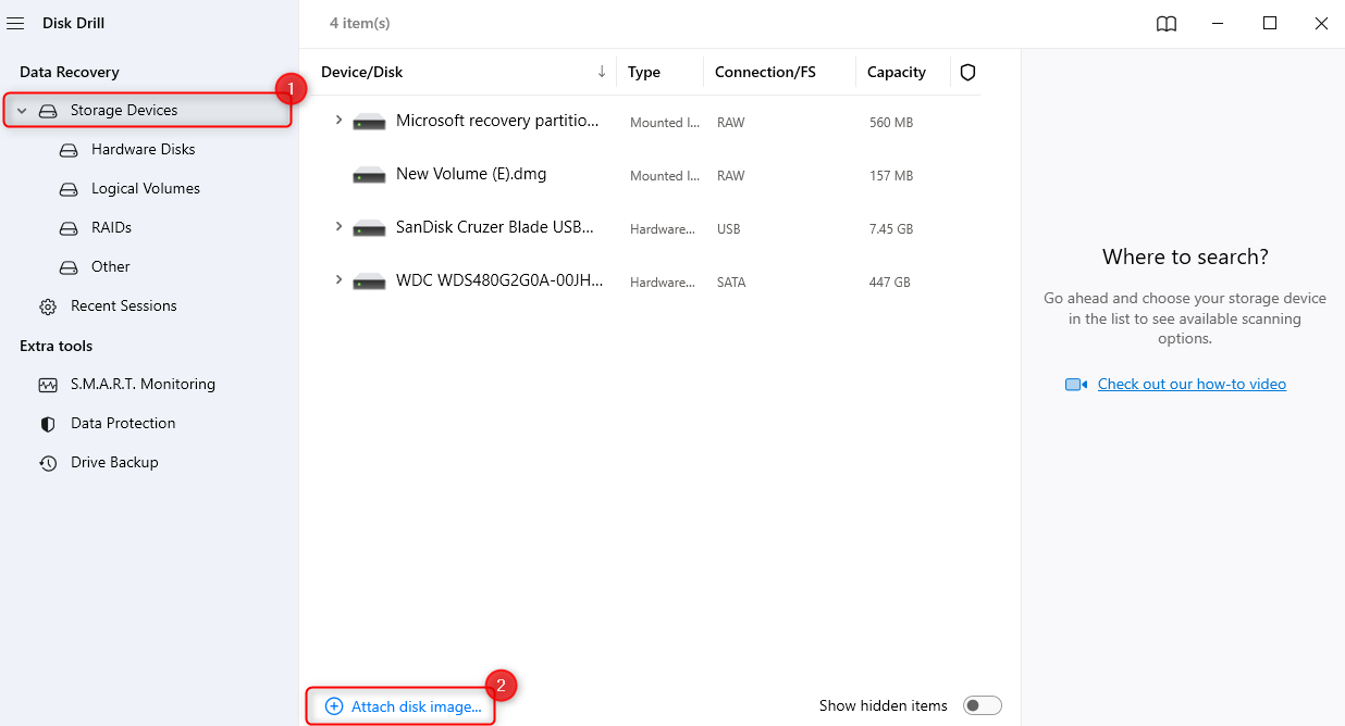 attaching disk image in disk drill