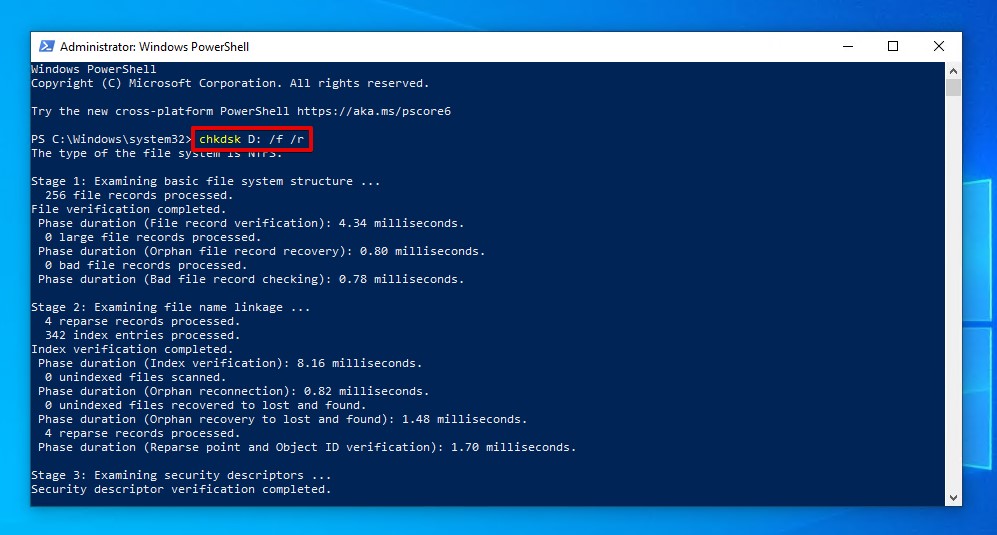 Running the CheckDisk command in PowerShell.