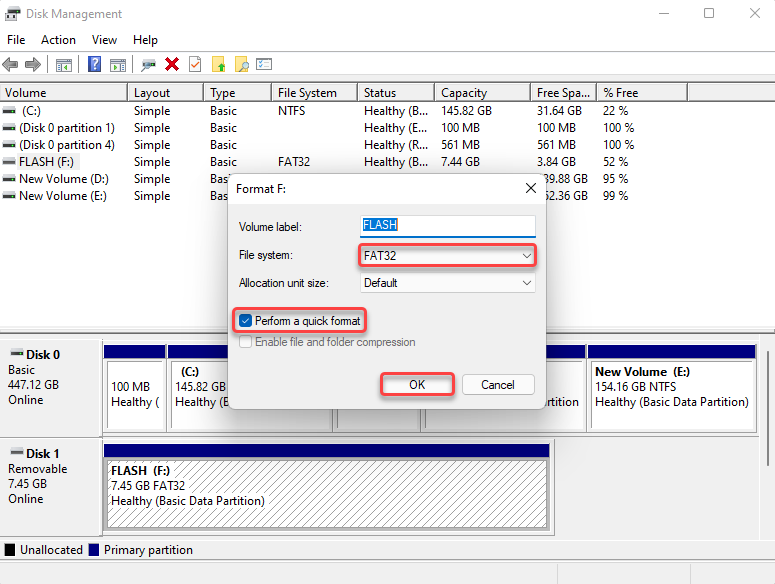 formatting using disk management