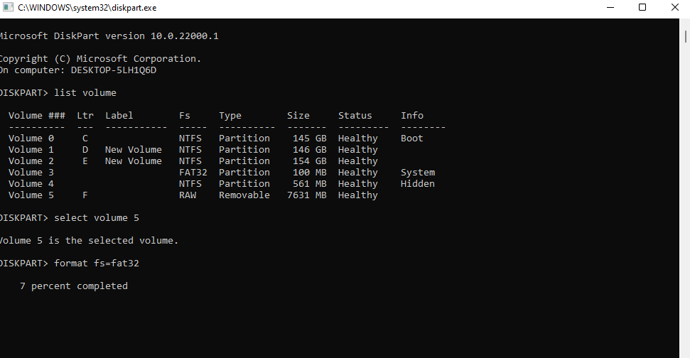 formatting with diskpart