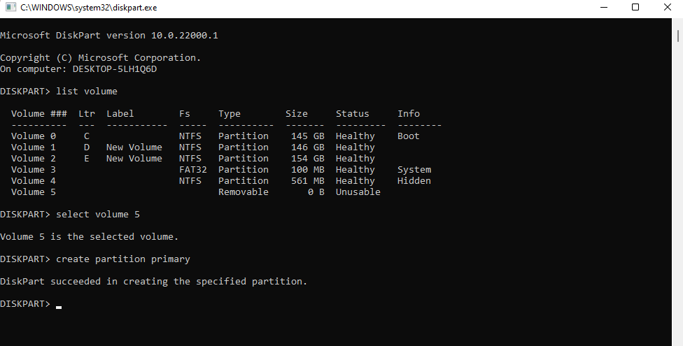 creating a new partition with diskpart