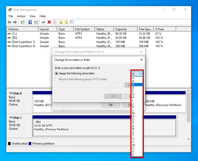 Selecting a drive letter from the list.