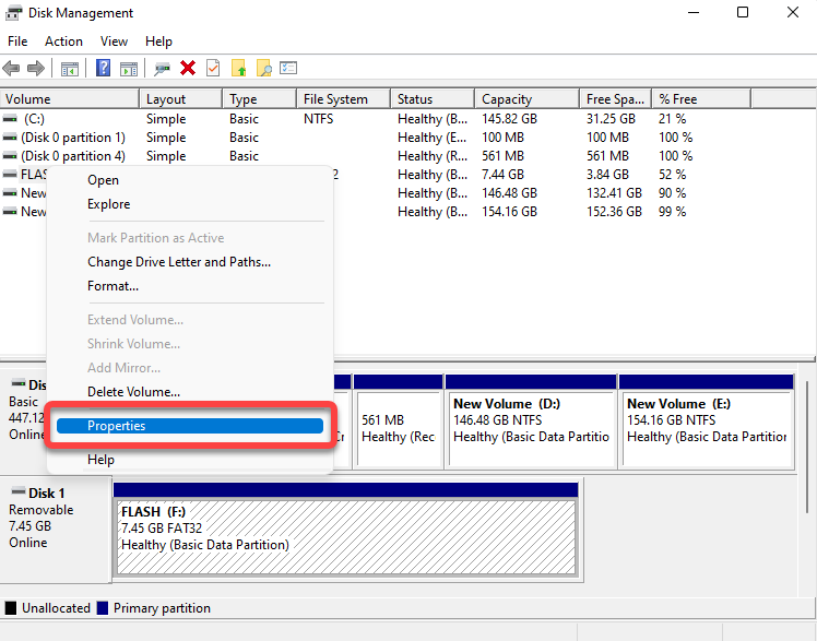 selecting disk properties