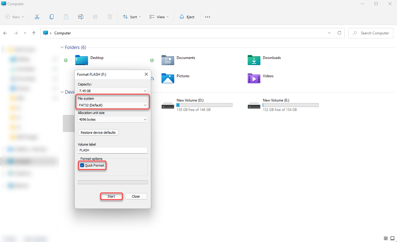 formatting from file explorer