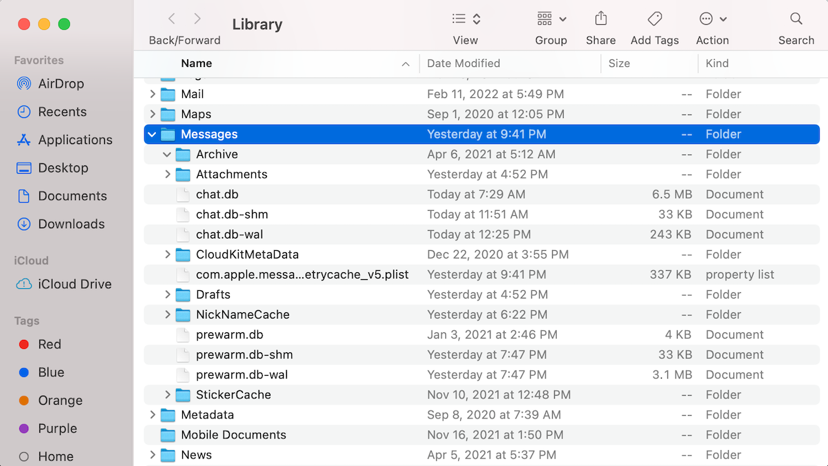 dossier messages dans la bibliothèque sur mac