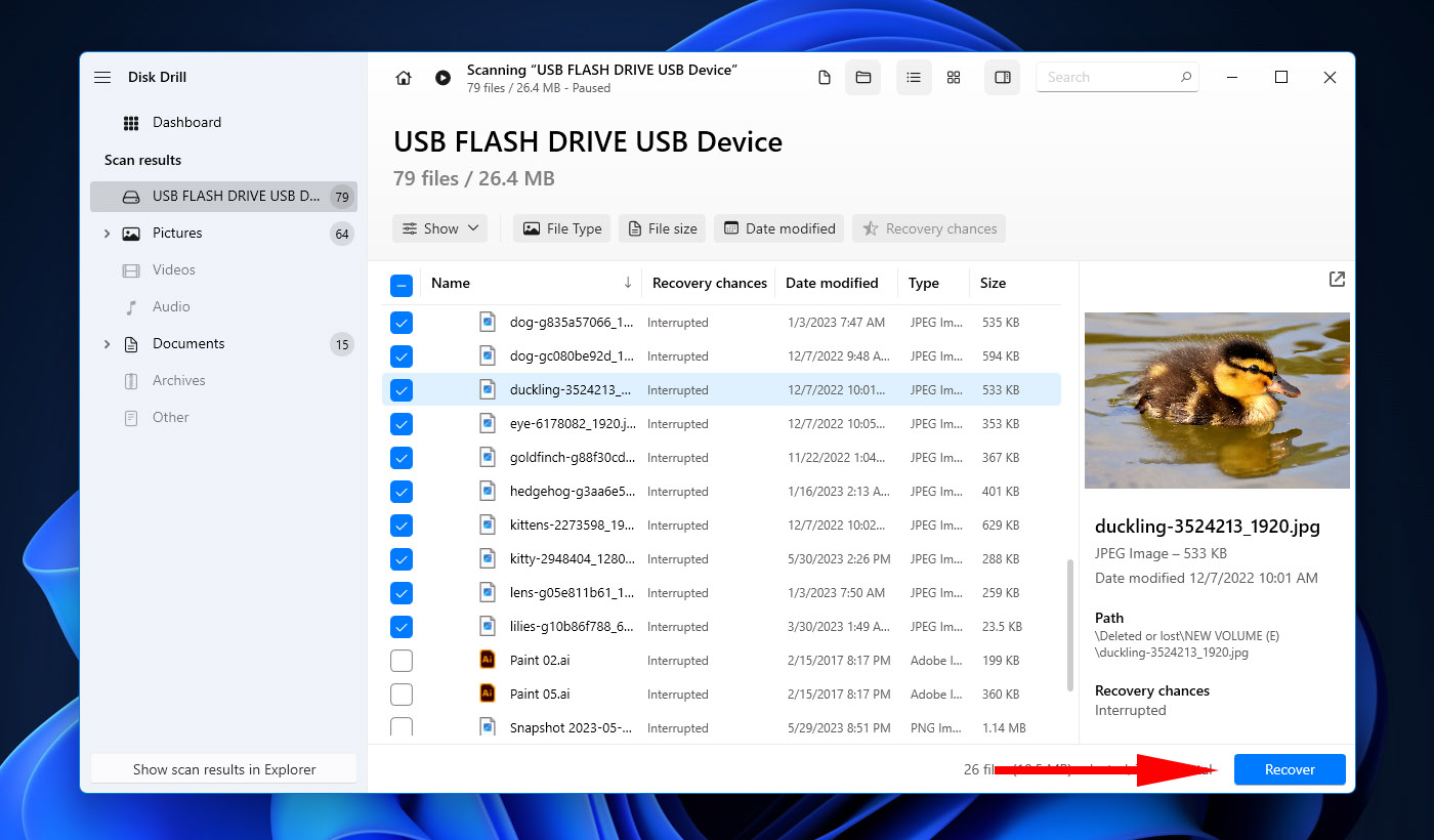 Recovering the marked files.