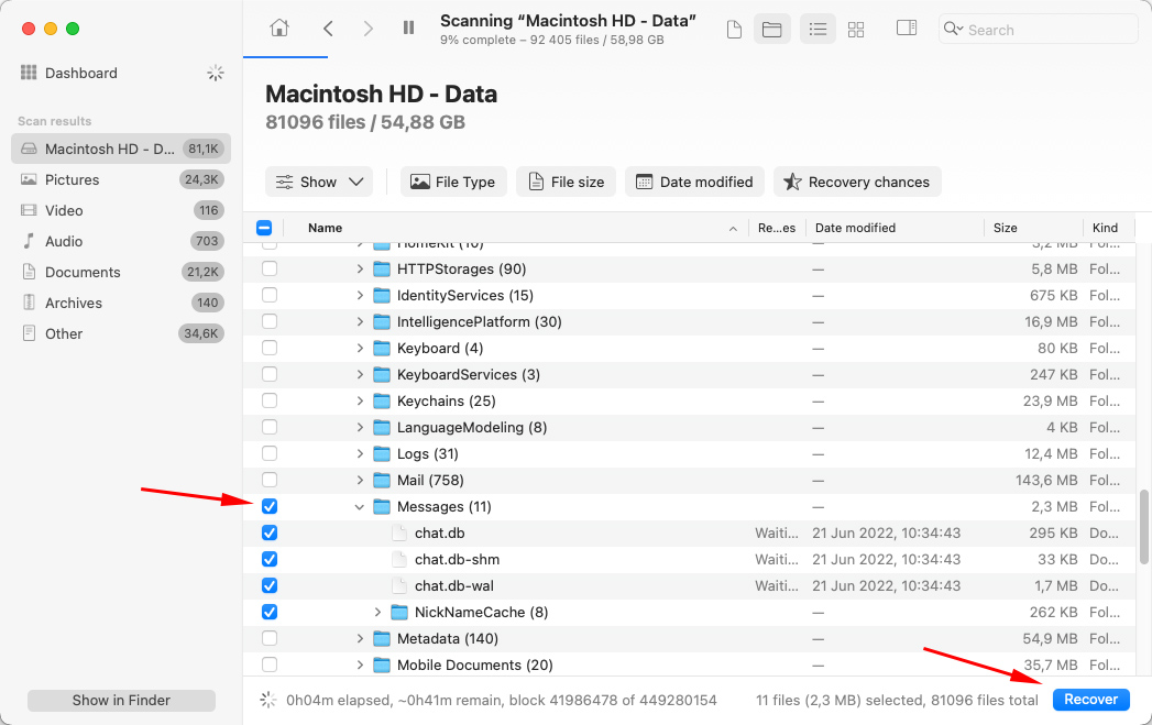 mac'te disk drill kullanarak mesajları kurtarma