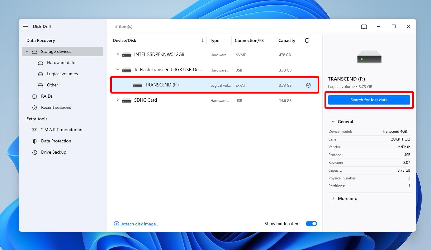 select unallocated space on usb