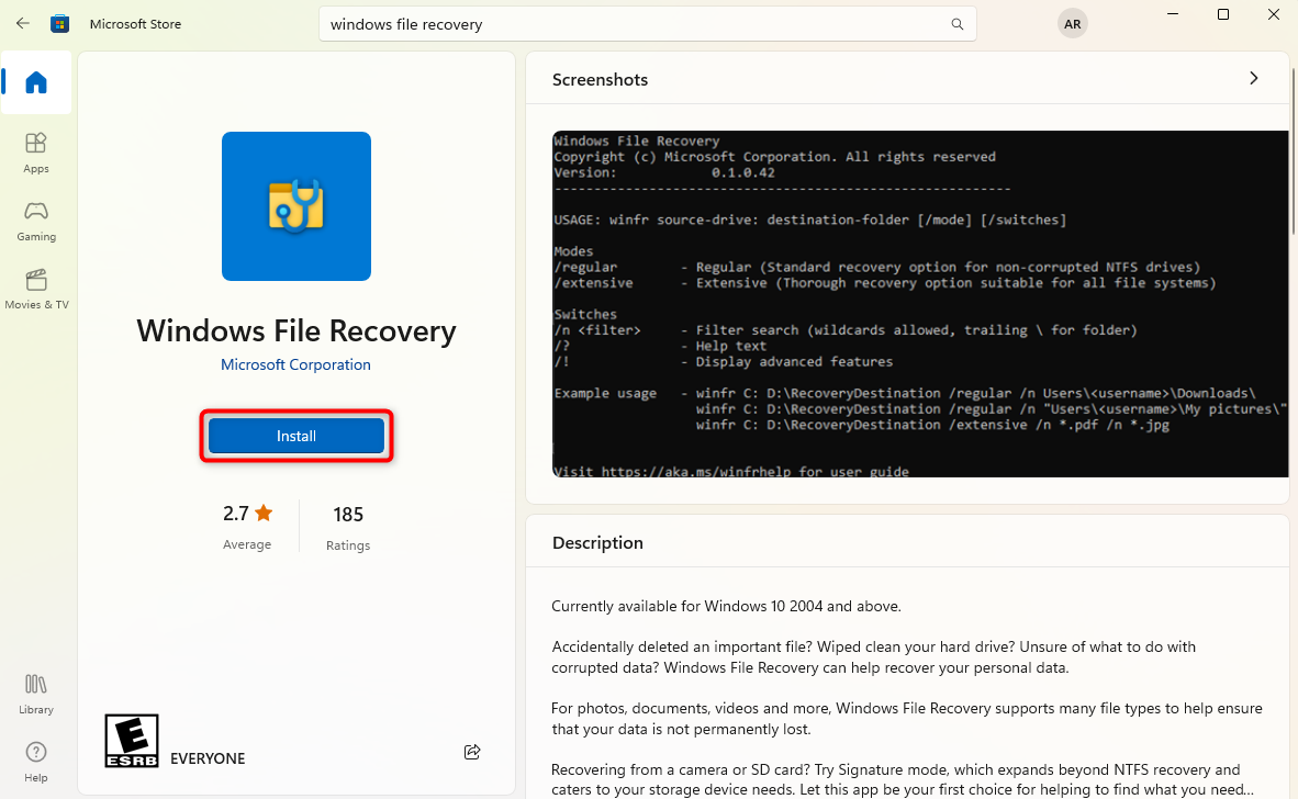 installing windows file recovery