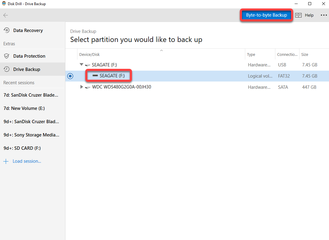 selecting byte to byte backup