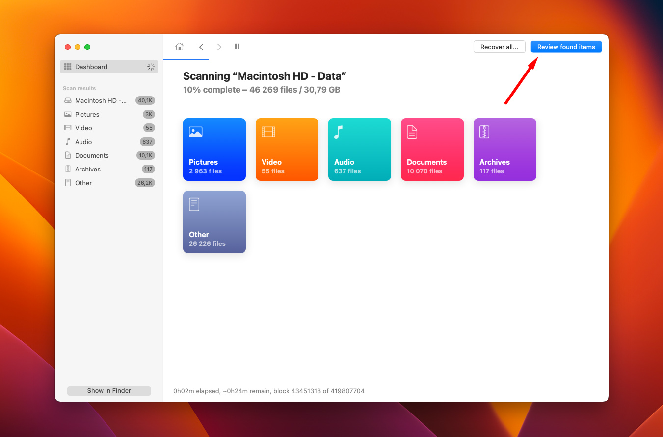 pré-visualizar dados encontrados com mac disk drill