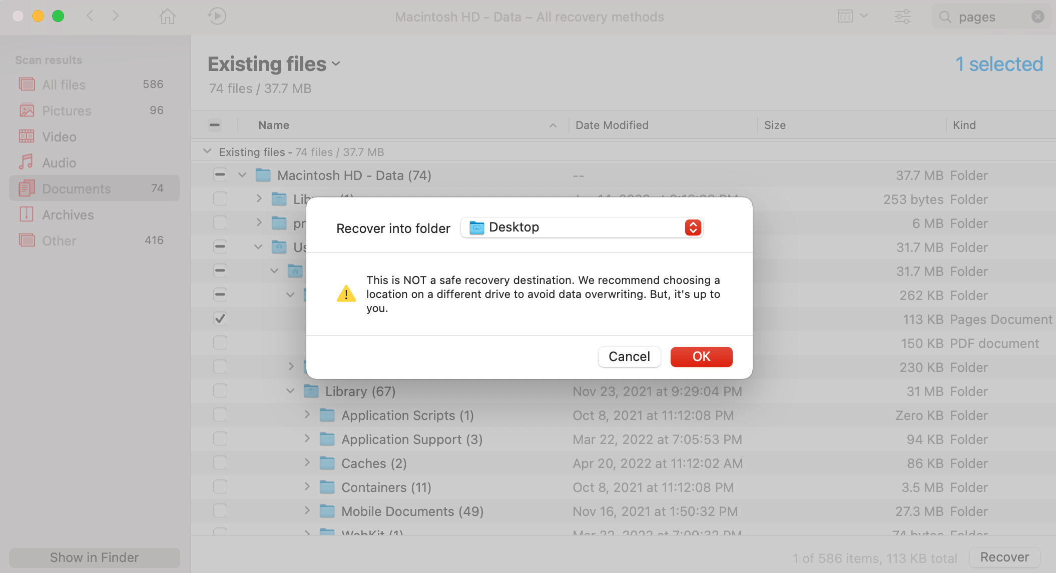 choose destination folder for recovered pages file on disk drill