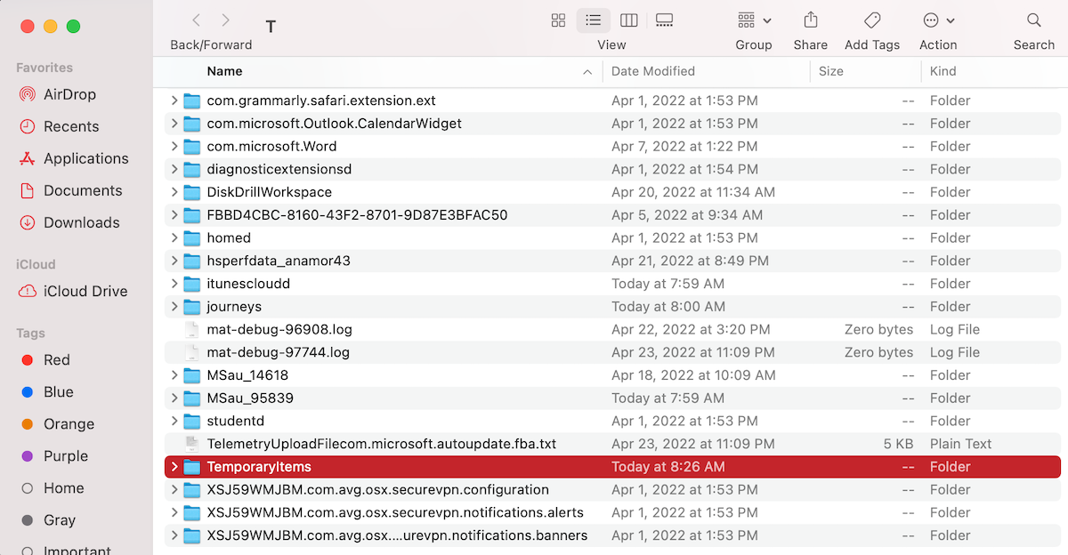 temporary items mac finder