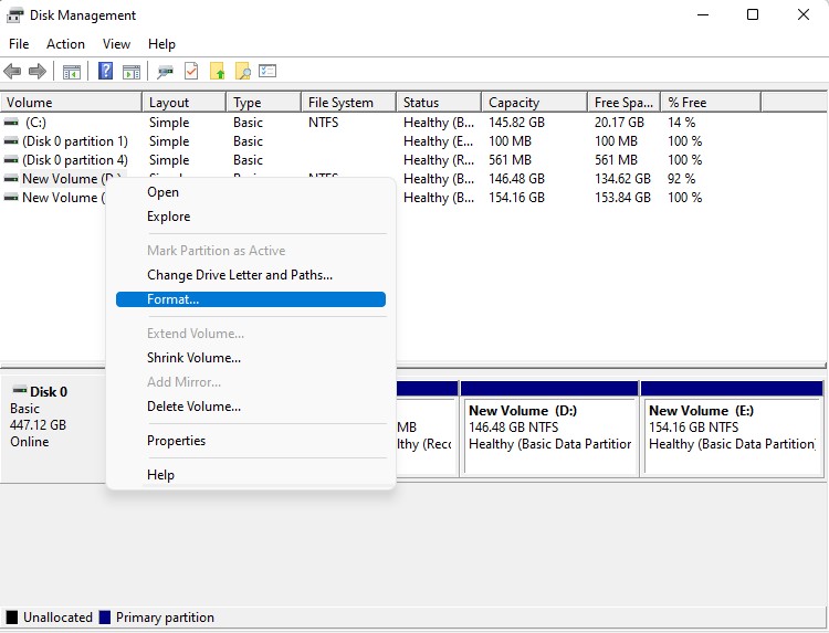 utilisation de la gestion de disque pour formater