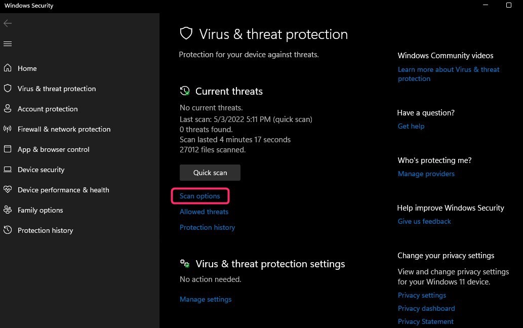 sélection d'une option de scan dans windows defender