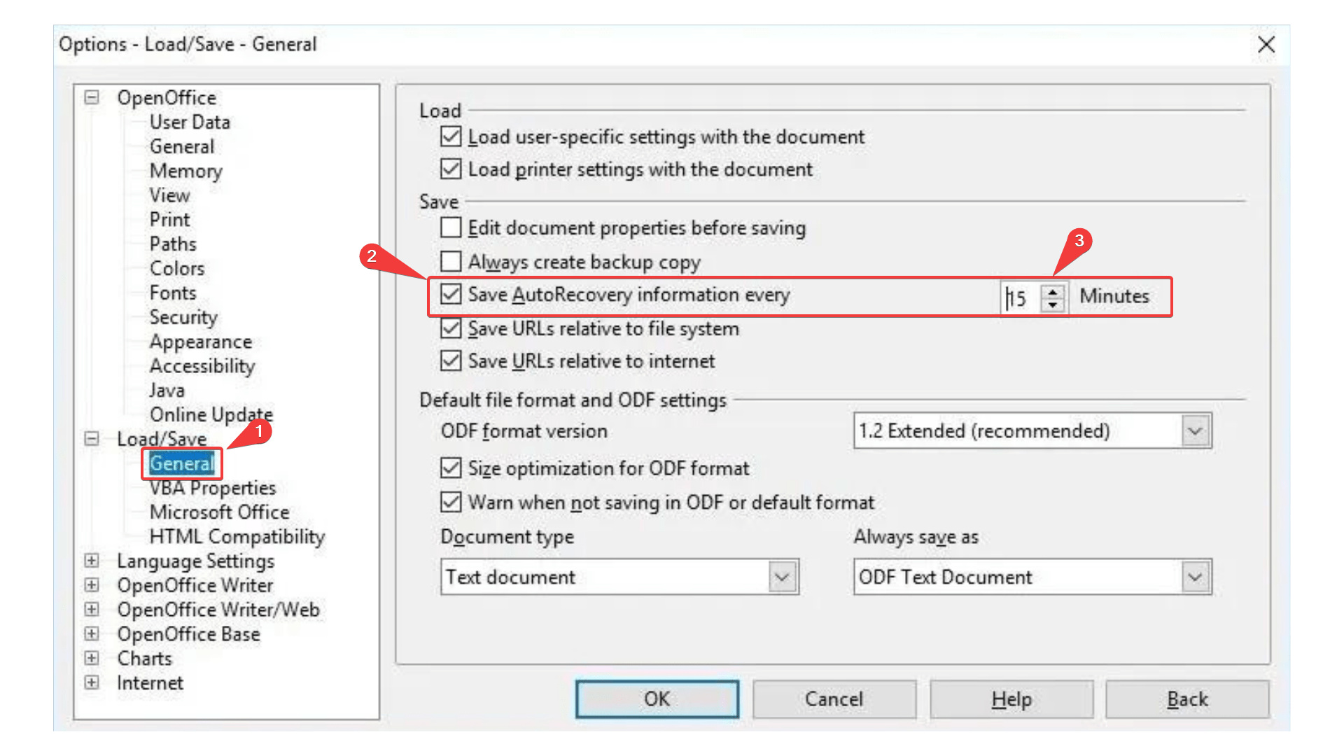 ajustando la configuración de autorecuperación en open office