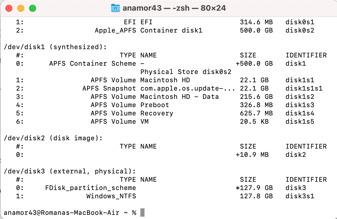 terminal mac'te diskutil list