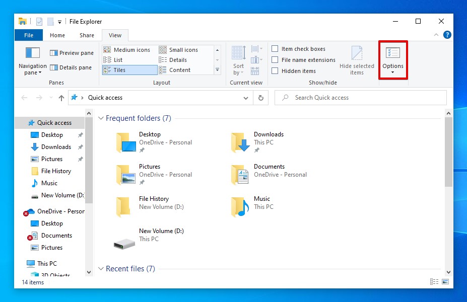 Viewing File Explorer options.