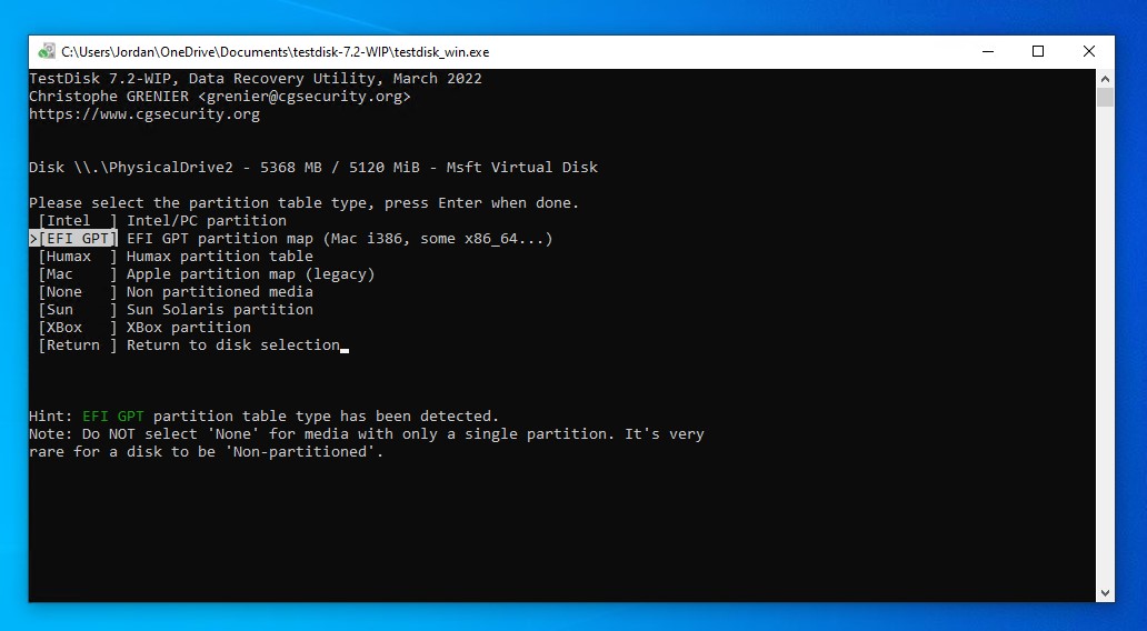 Choosing the partition table type.