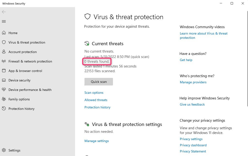 windows defender showing threats not found