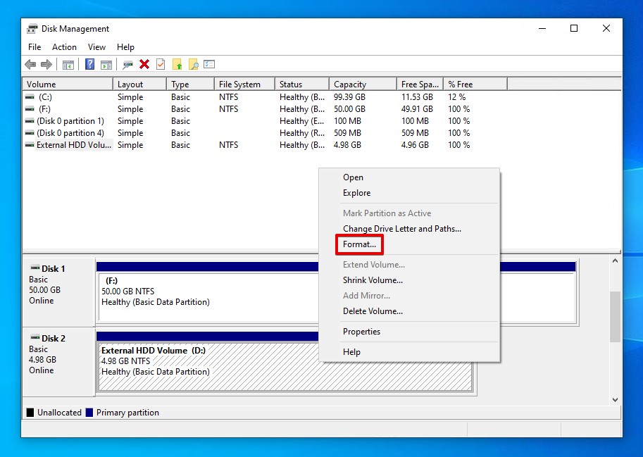 Formatage de la partition du disque dur externe.