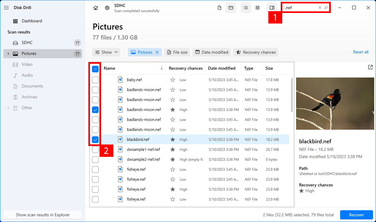 Selecting files to recover on Disk Drill